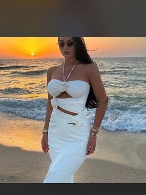 White Cutout Halter Maxi Dress with Floral Accents